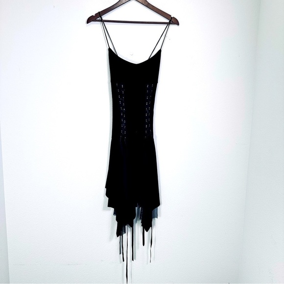 Y2K 90s Grunge Witchy Whimsygoth Lace Up Spaghetti Strap Black Flowy Dress XL - Picture 1 of 9
